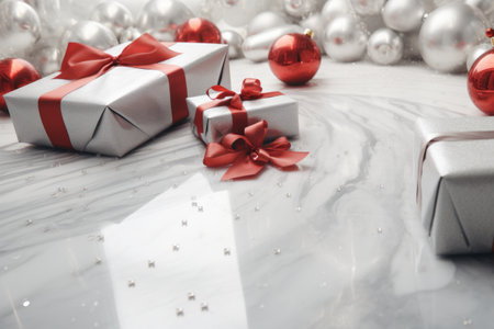 christmas presents on a marble mat on a christmas circle,の素材