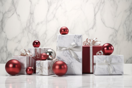 christmas gifts and baubles on marble,の素材