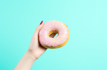 Donut with pink glaze in woman hand on blue background.の素材