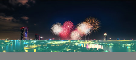 fireworks, and cityscape under moonlight fireworksの素材