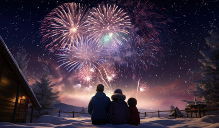 happy family watching new year fireworks at night,の素材