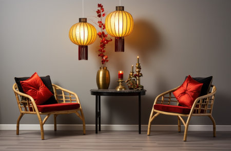 new year's eve decoration of chinese lanterns in a living roomの素材