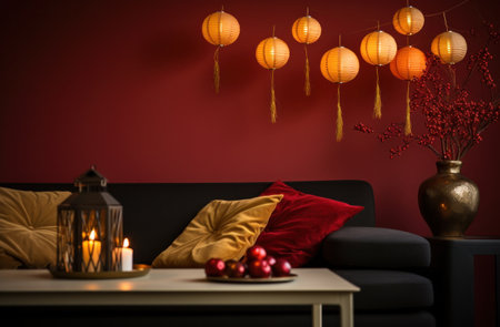 new year's eve decoration of chinese lanterns in a living roomの素材