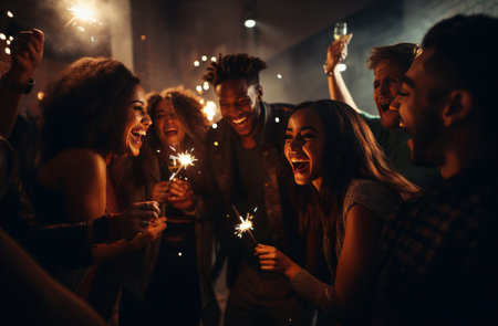 people at a party holding sparklers.の素材