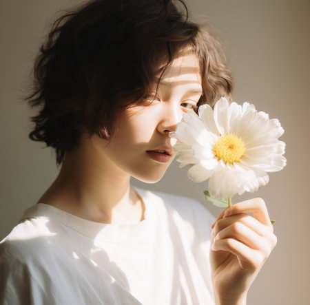 person holding a flower in the face.の素材