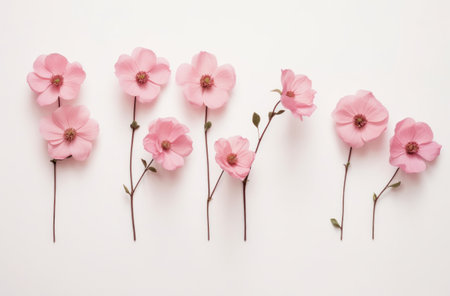pink flowers arranged in a row on a white backgroundの素材