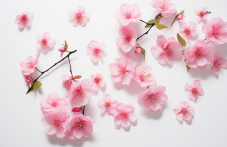 pink flowers with leaves falling off on white background with spring blooming.の素材