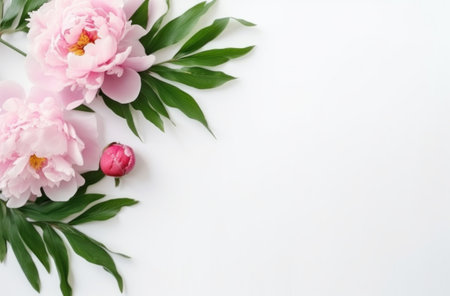 pink peony flowers on white with green leaves minimalist backgrounds.の素材