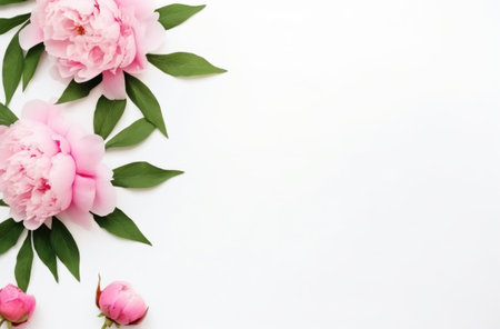 pink peony flowers on white with green leaves minimalist backgrounds.の素材