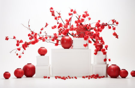red lanterns and flowers against a white stone background.の素材