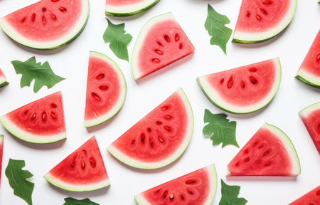 several slices of watermelon and leaves arranged on whiteの素材