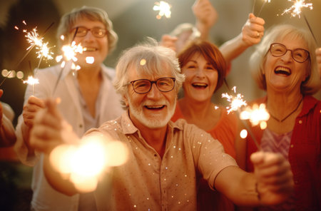 senior group showing off sparklers at a party,の素材