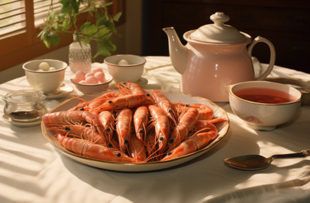 shrimps are on a table with some tea,の素材