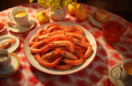 shrimps are on a table with some tea,の素材