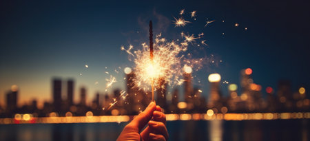 sparkler on the city lights background with the city lights in the backgroundの素材
