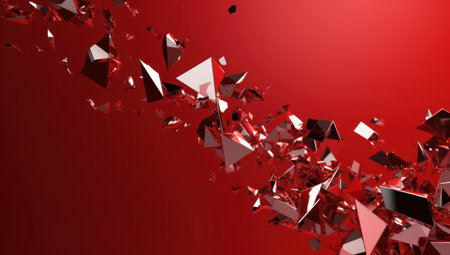the metal pieces are falling through the red backgroundの素材