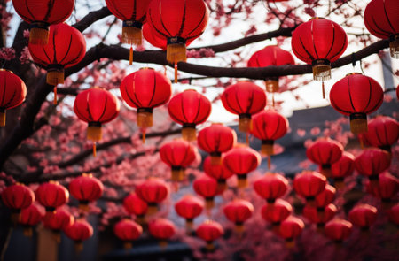 some red lanterns are hanging off red branches,の素材