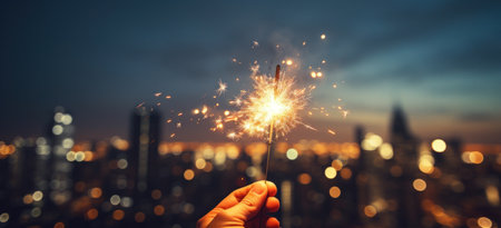 sparkler on the city lights background with the city lights in the backgroundの素材