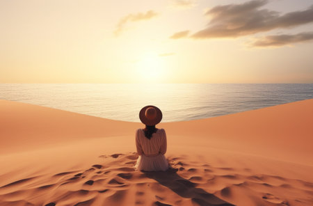 someone is sitting at the sand with her back to the sea,の素材