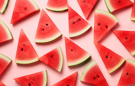 slices of watermelon and greens are laid out in a circle,の素材