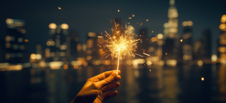 the lighting of a sparkler in front of a city backdrop,の素材