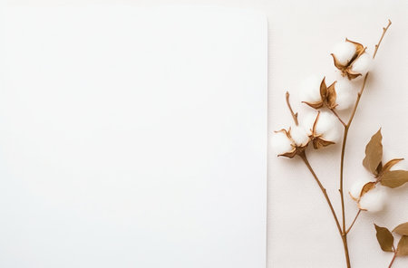 some white paper and a branch of cottonの素材