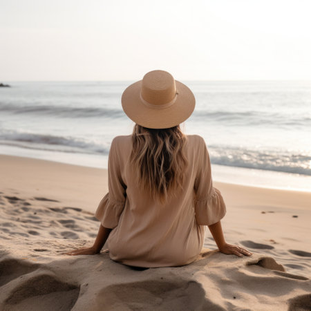 the back of a woman sitting on the beach,の素材