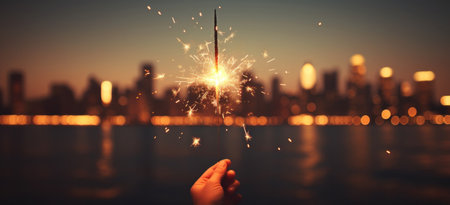 sparkler on the city lights background with the city lights in the backgroundの素材