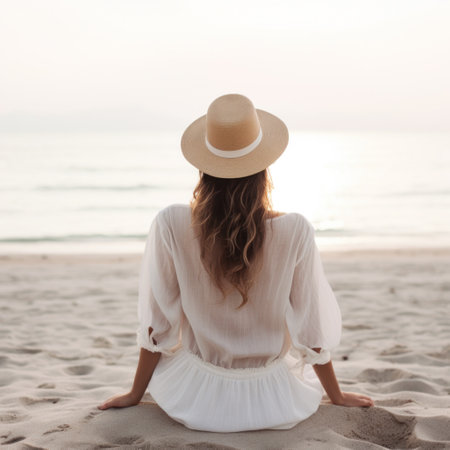 the back of a woman sitting on the beach,の素材