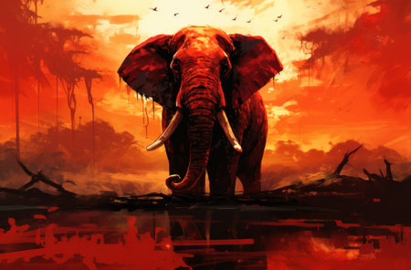 the painting of an elephant on red and gold background,の素材