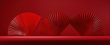 three red fan designs sitting on a red background,の素材