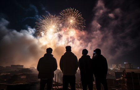 viewers looking at what looks like fireworks,の素材