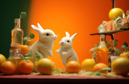 three rabbits with a bottle of oranges next to them,の素材