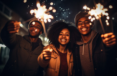 three young people holding sparklers in the night with the sparklers,の素材