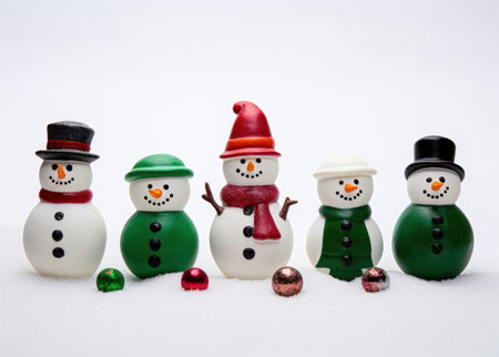 various small figurines lay in the snow next to a snowmanの素材
