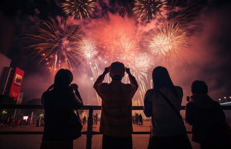 viewers looking at what looks like fireworks,の素材