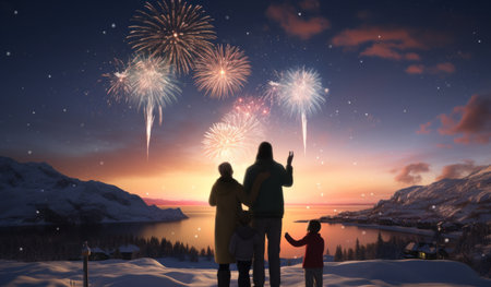 two couples and children with fireworks lighting up the sky in a colorful sky,の素材