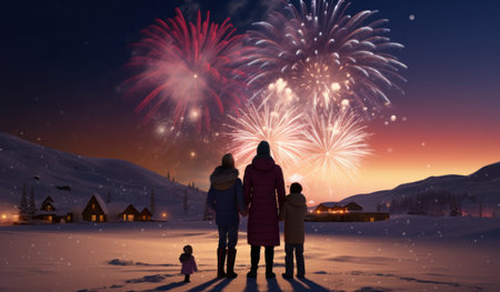 two couples and children with fireworks lighting up the sky in a colorful sky,の素材