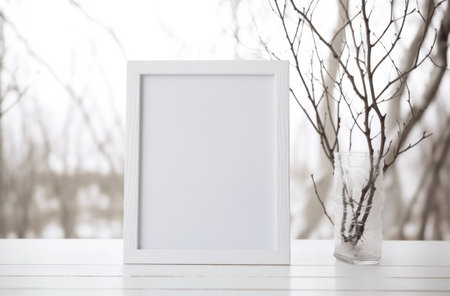 white frame and cotton branches in white background,の素材