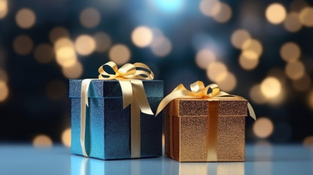 two christmas gift boxes in blue on a bokeh background,の素材