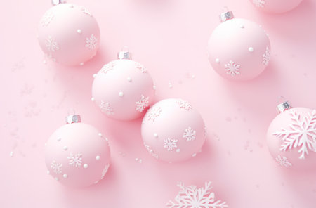 white christmas decorations on pink background with white snowflakes,の素材