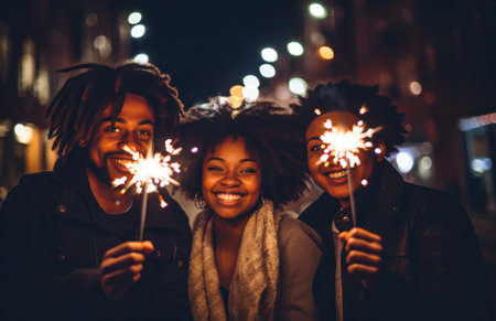 three young people holding sparklers in the night with the sparklers,の素材