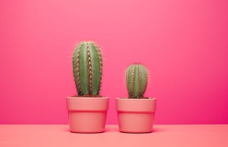 two plants with little pots in a pink background cactusの素材