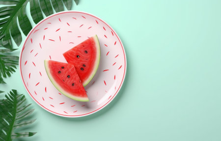 watermelon and green leaves in a white plate,の素材