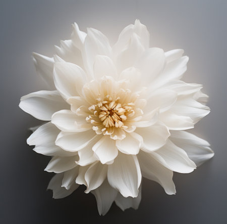 White dahlia flower isolated on gray background. Close up.の素材