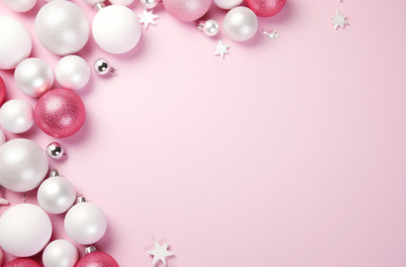 white christmas decorations arranged in a circle on a pink backgroundの素材