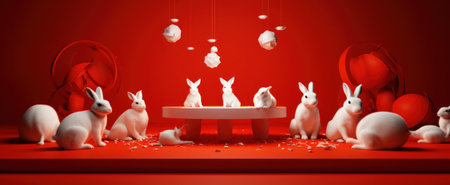 white rabbits and fans on red tablesの素材