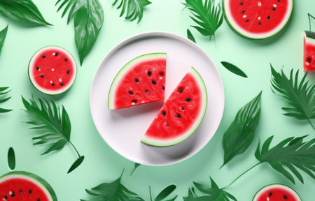 watermelon and green leaves in a white plate,の素材
