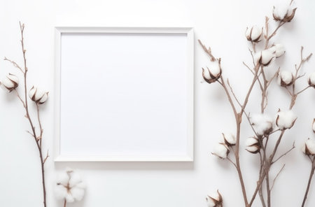 white frame and cotton branches in white background,の素材