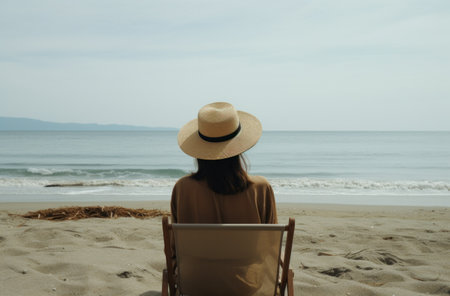 woman in hat sitting on beach in front of the seaの素材